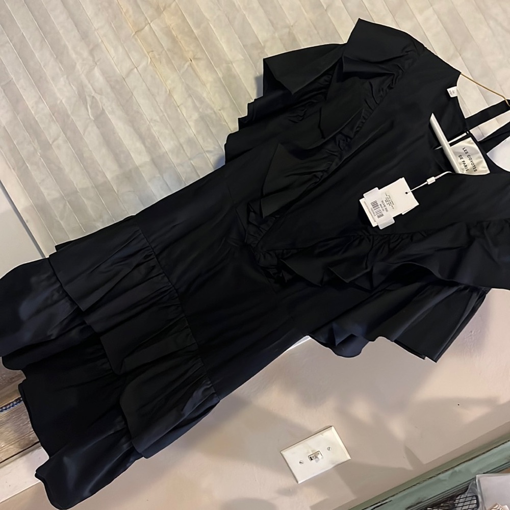 Crew Neck mini dress . A line dress , pleated and ruffles accent shirt dress